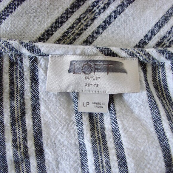 Linen Striped Sleeveless Top Blue White Gold Lurex Ruffle Hem Flowy Large Petite - Picture 3 of 11